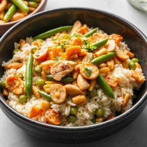 CASHEW GROUND CHICKEN STIR FRY OVER JASMINE RICE W GREEN BEANS