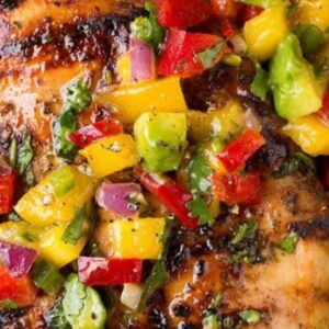 JERK CHICKEN (BREAST + THIGH) + GREEN BEANS W MANGO SALSA OVER JASMINE RICE